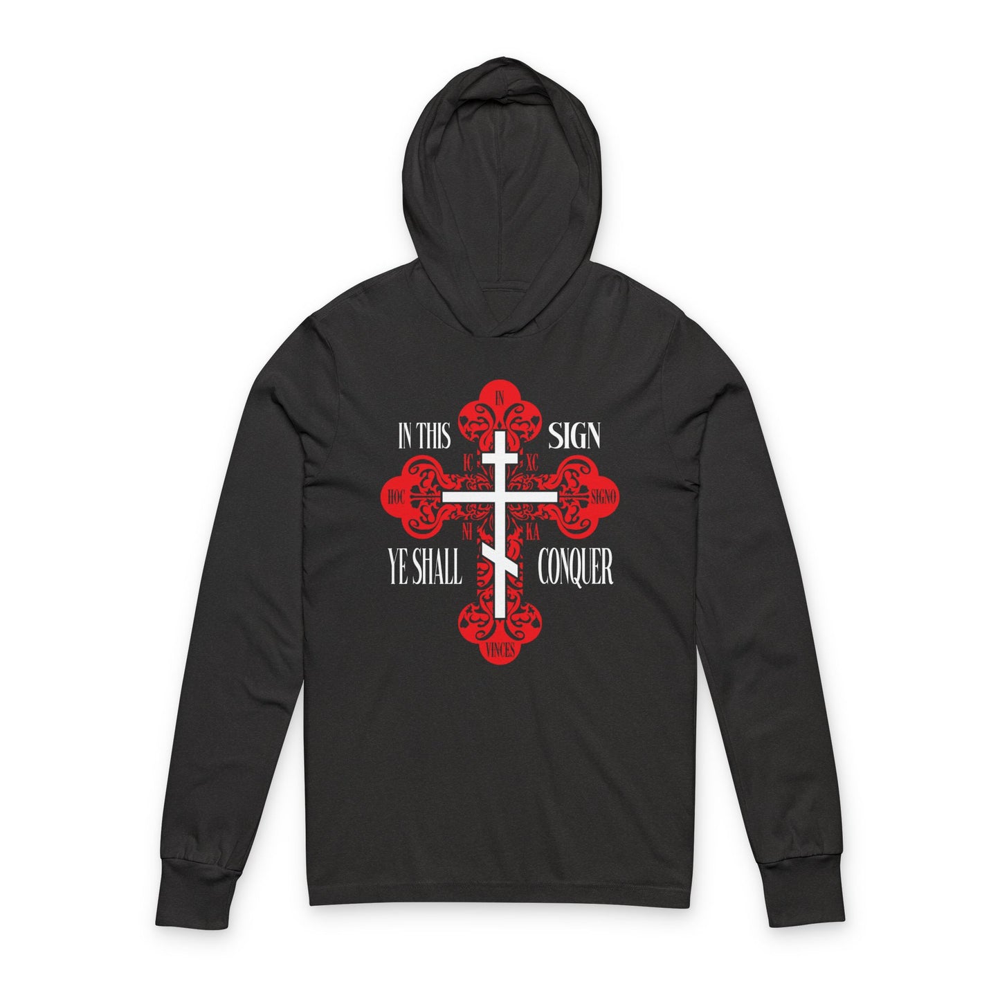 Charcoal Black TriBlend hoodie with a red ornate Orthodox cross and "In This Sign Ye Shall Conquer" on the front—perfect for those inspired by spiritual warfare. Features "ICXC NIKA" and celebrates Jesus Christ conquering.