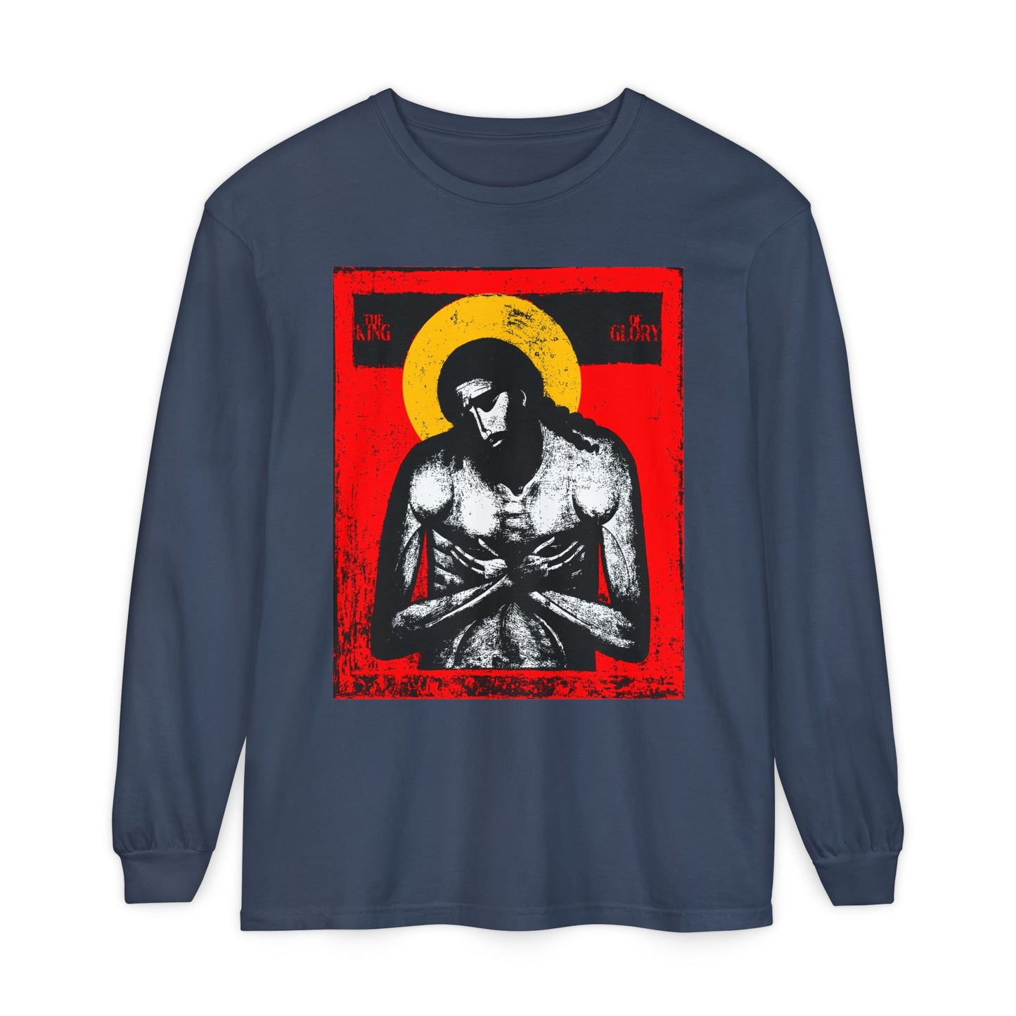 A midnight long-sleeve shirt featuring "The King of Glory Jesus Christ 'Extreme Humility' IconoGraphic" with red, yellow, white, and black Christian devotional art.