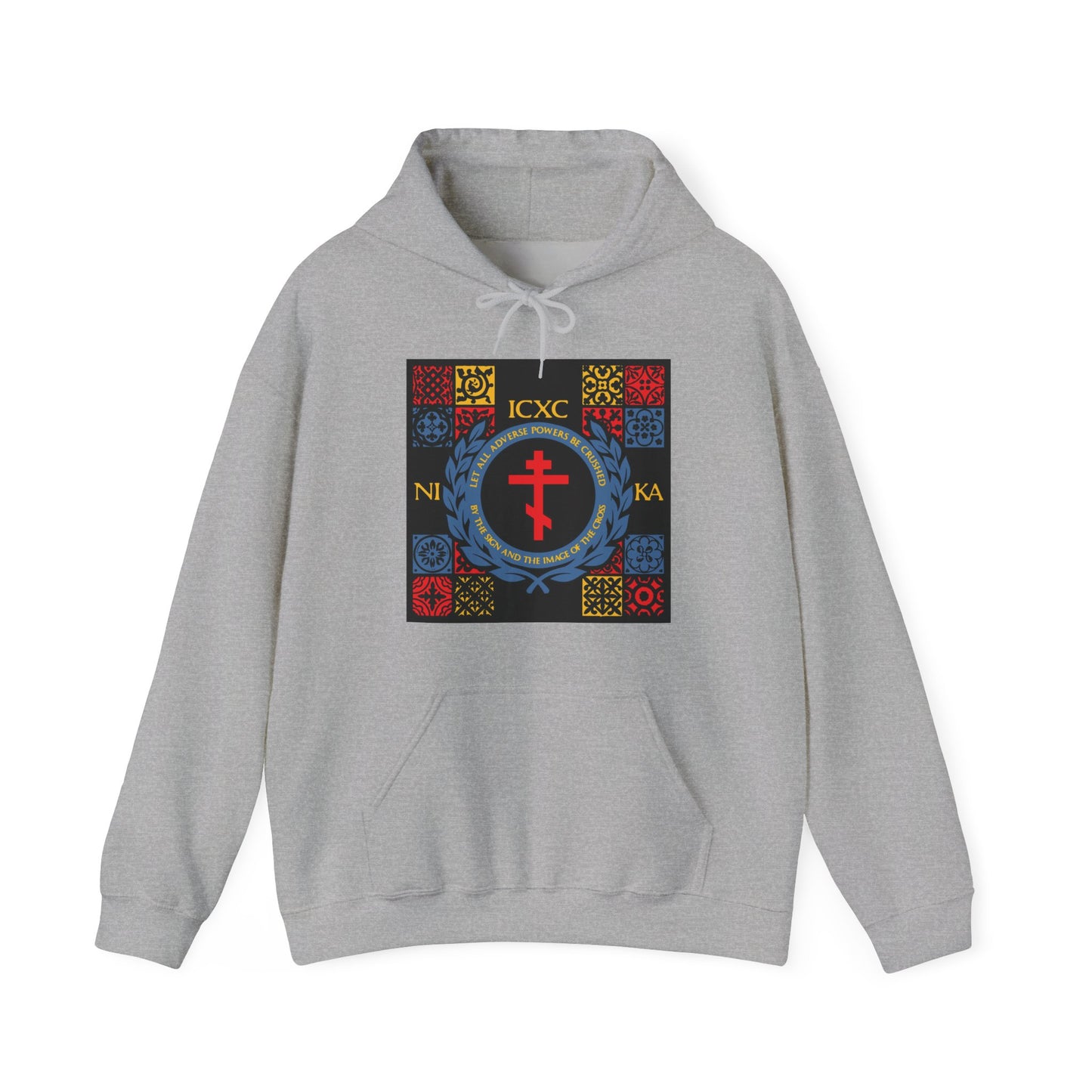 Let All Adverse Powers Be Crushed (Red, Yellow & Blue Design) | ICXC NIKA | Medieval Tile Design | Orthodox Christian Hoodie