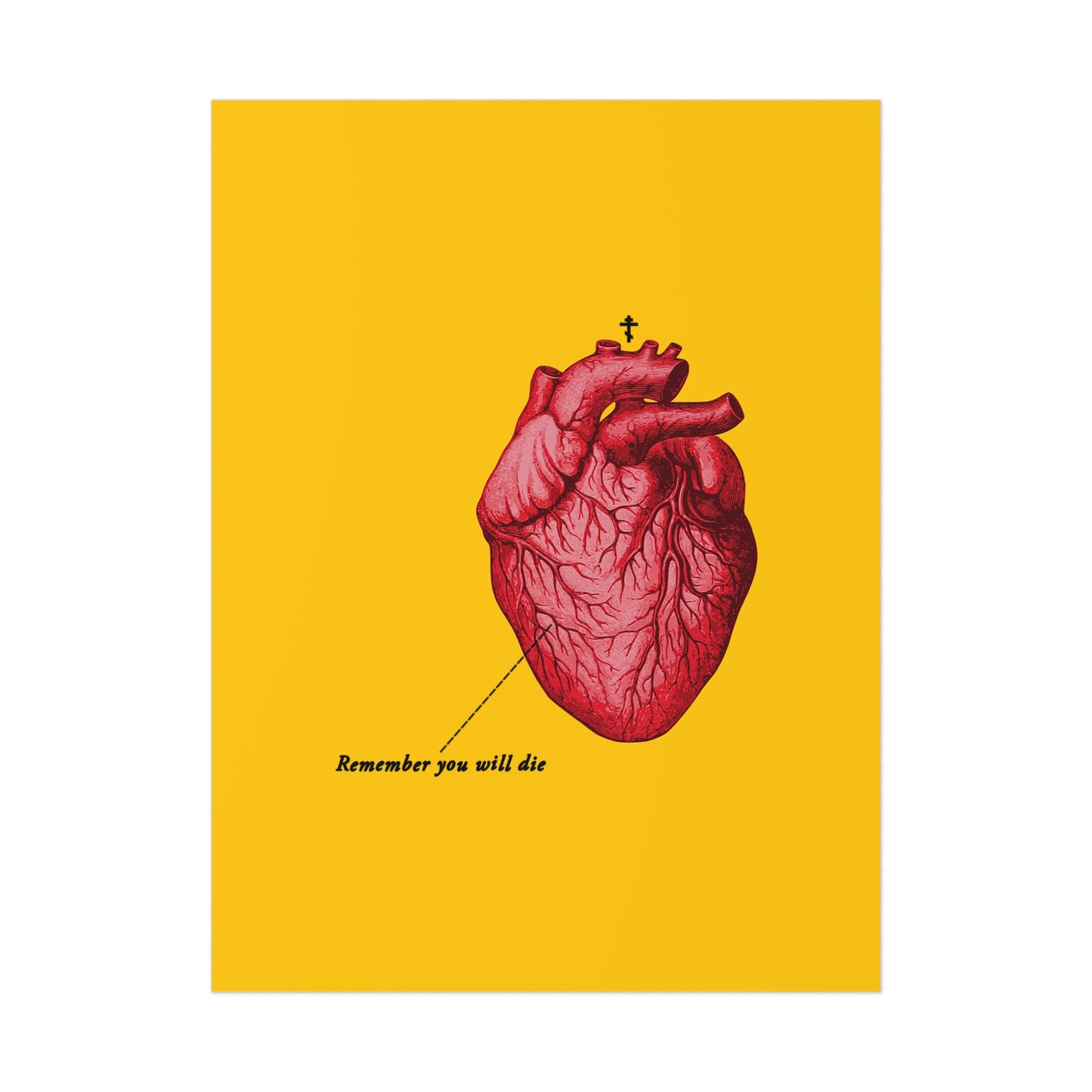 A retro medical heart design with "Remember You Will Die," an Orthodox cross, and Christian art on a bright yellow background, featuring memento mori and "It's Later Than You Think" text.