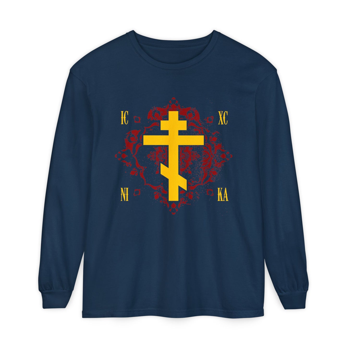 True Navy long sleeve shirt featuring a yellow Russian ICXC NIKA Cross on an ornate red background, symbolizing Jesus Christ Conquers; an Orthodox Christian design inspired by faith and tradition.