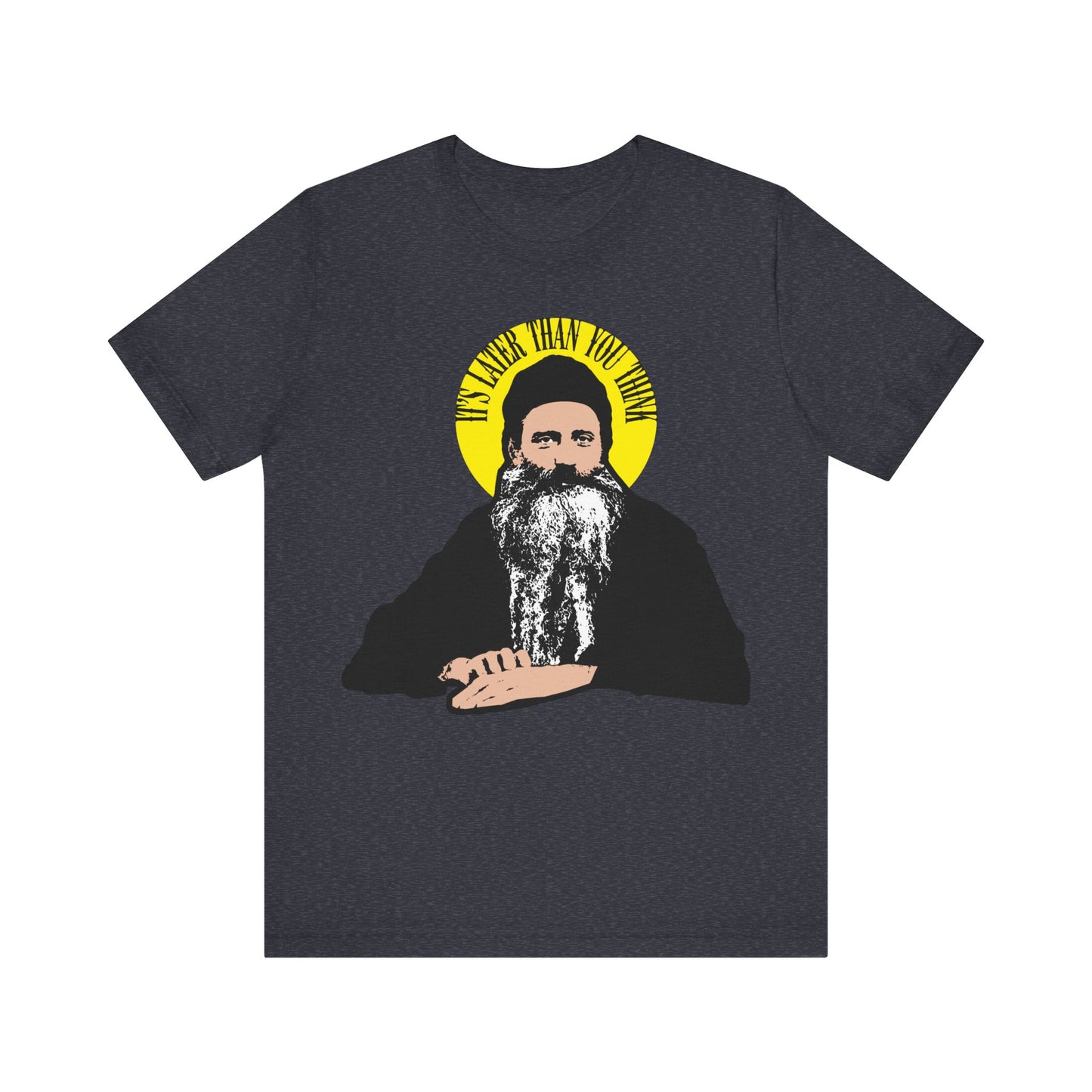 Heather navy unisex tee featuring a yellow halo and Fr. Seraphim Rose quote: "It's Later Than You Think." A tribute to a modern American Orthodox Christian saint, combining faith and style for all believers.