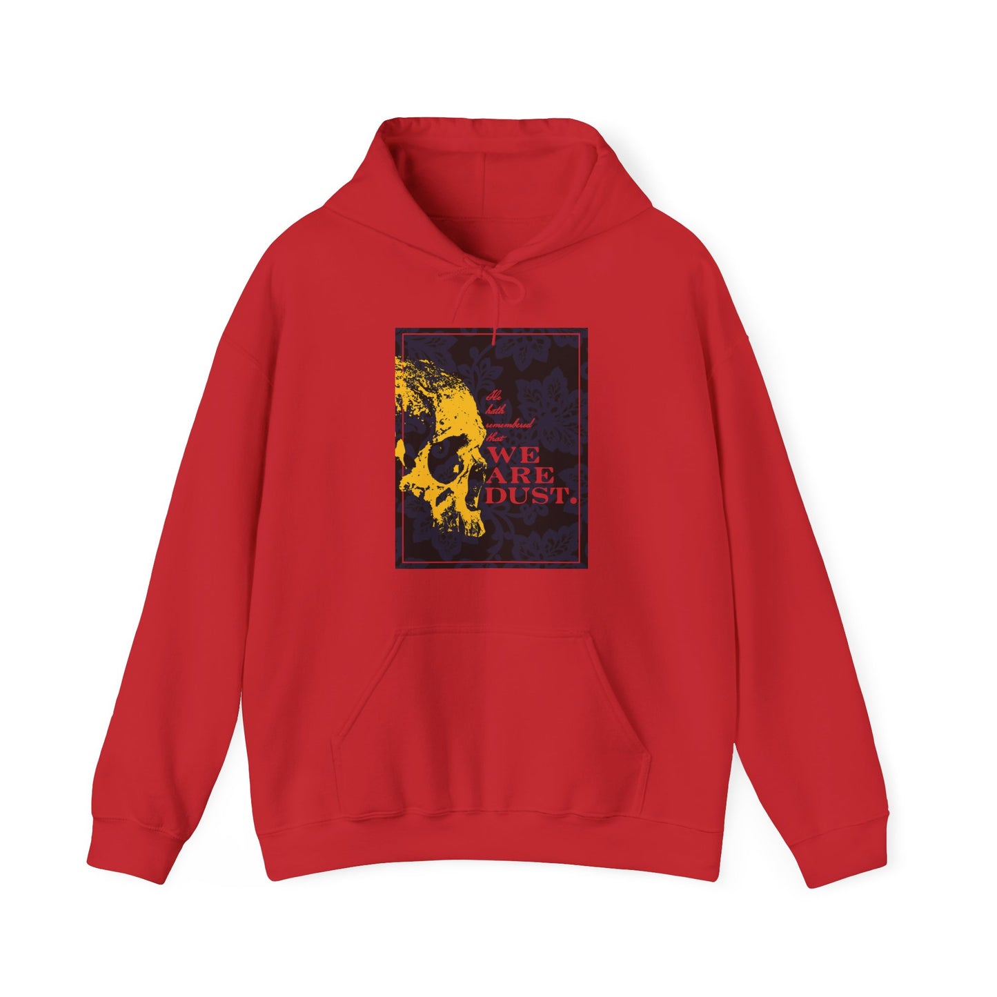 Red "We Are Dust" hoodie with yellow skull on blue floral background and red text, inspired by Psalms 102/103 LXX. Memento Mori, gothic style, Orthodox Christian design.