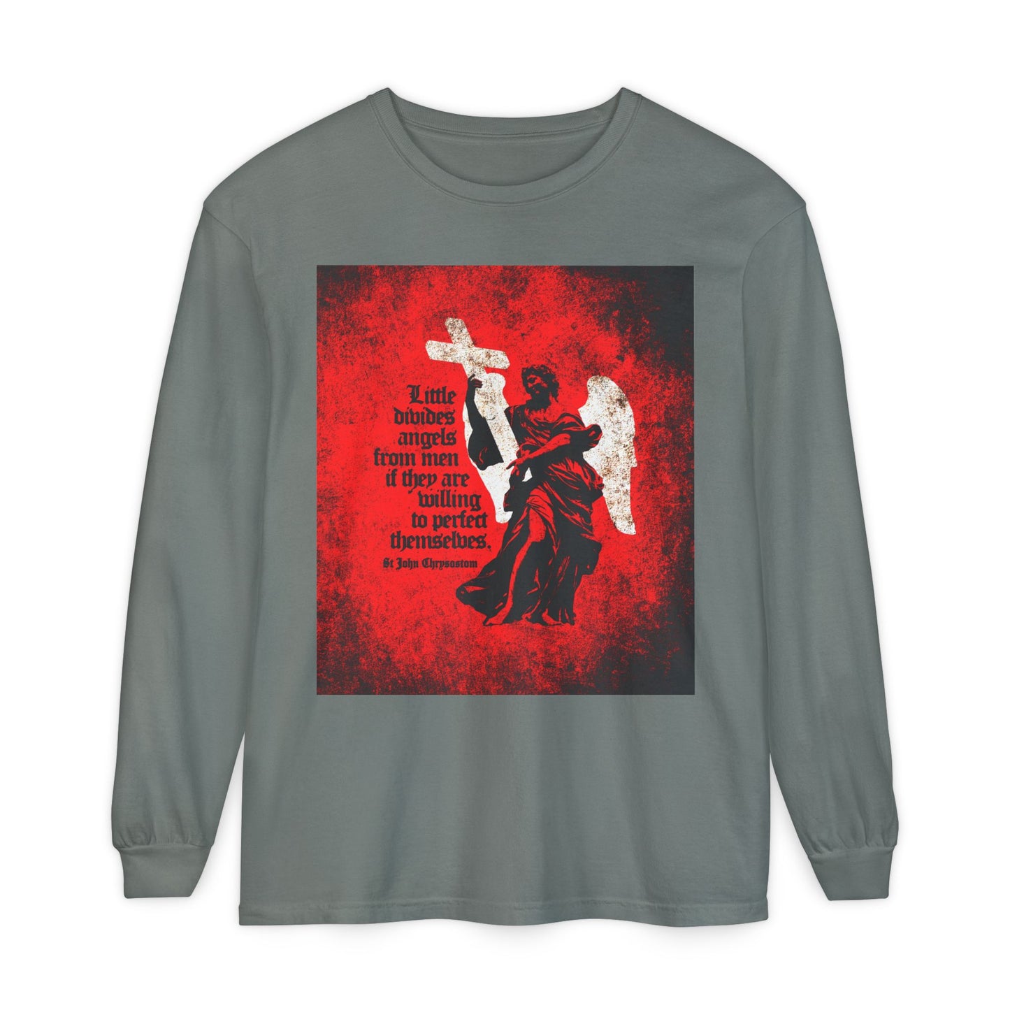 Little Divides Angels from Men | Christian Perfection | St John Chrysostom | Textured Cemetery Angel | Orthodox Christian Long Sleeve Shirt