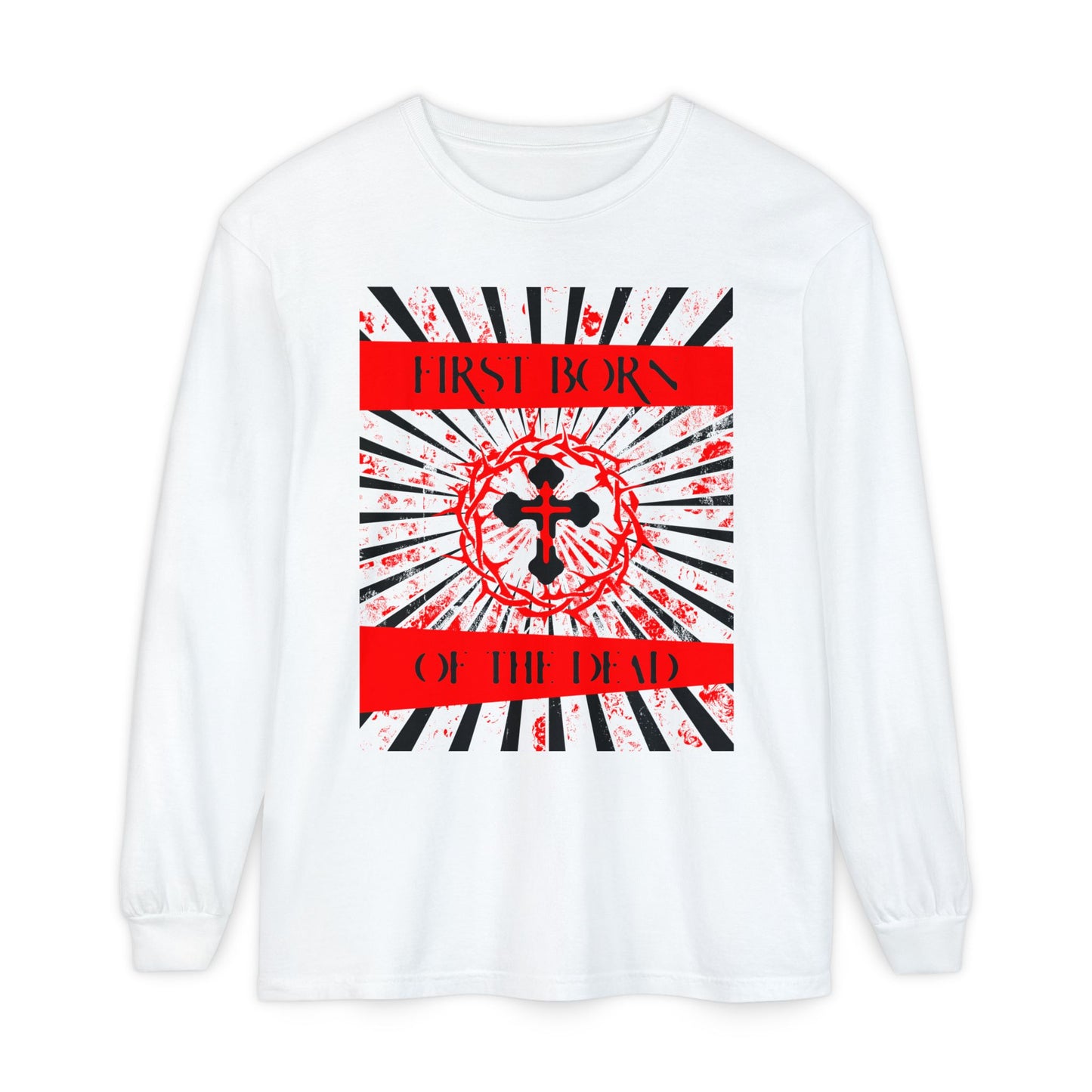First Born of the Dead | Orthodox Cross and Crown of Thorns | Red White and Black Textured Design with Rays | Orthodox Christian Long Sleeve Shirt