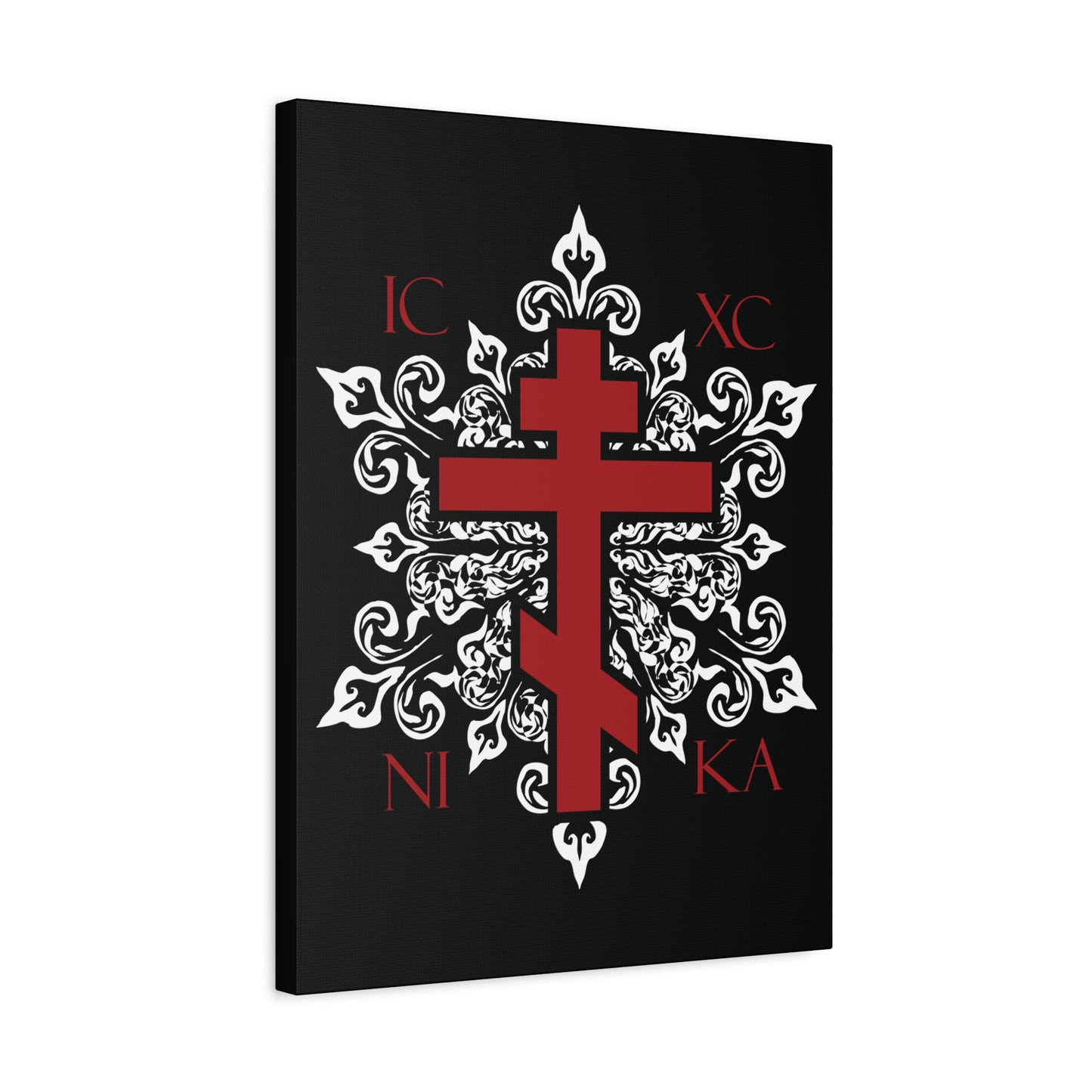 ICXC / NIKA Red Orthodox Cross on Ornate White Medieval Floral Design | Exclusive Best-Selling | Orthodox Christian Canvas Art
