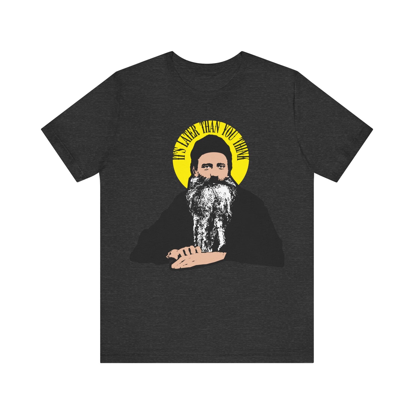 Dark Grey Heather unisex tee featuring a yellow halo with "It's Later Than You Think"—a quote by Fr. Seraphim Rose, modern American Orthodox Christian saint—inspired by Orthodox tradition.
