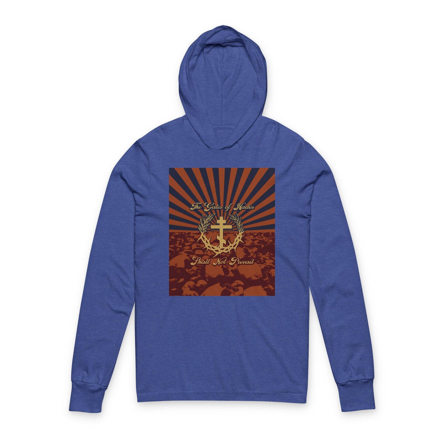 The Gates of Hades Shall Not Prevail | Cross with Wreath & Crown of Thorns | Skulls and Rays | Orthodox Long Sleeve Hooded Shirt