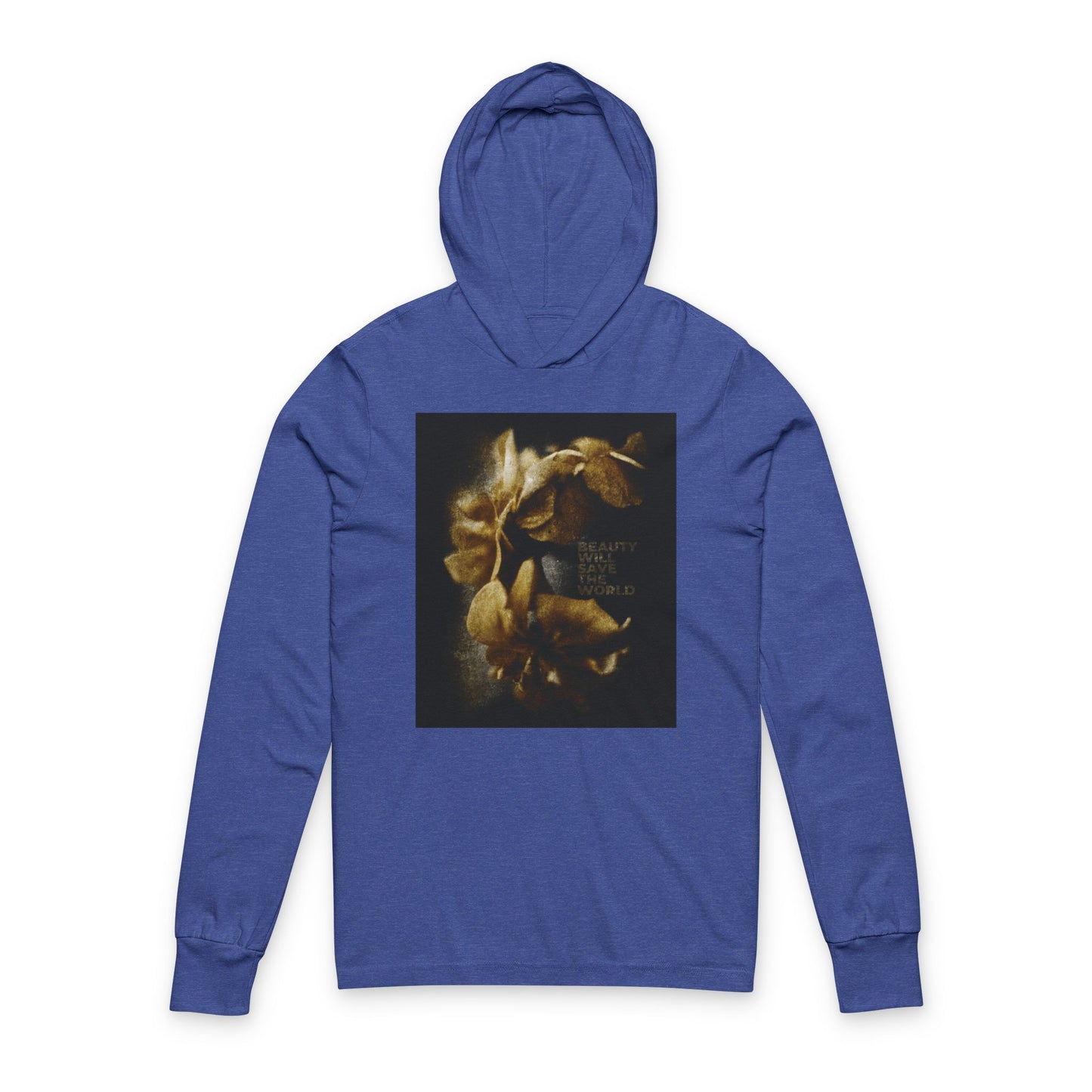 Heather True Royal hoodie with the text BEAUTY WILL SAVE THE WORLD and a square yellow flower graphic, inspired by Dostoevsky and glorifying Jesus Christ, Universal Creator & King. Christian hooded shirt celebrating creation’s beauty.