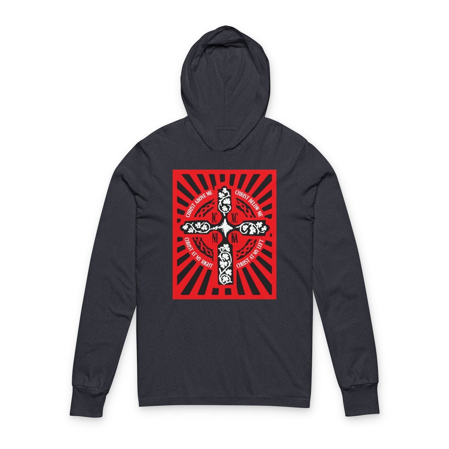 Red ICXC NIKA Enniskillen Celtic Cross | Lorica of St. Patrick | Shield Prayer | Orthodox Christian Long Sleeve Hooded Shirt