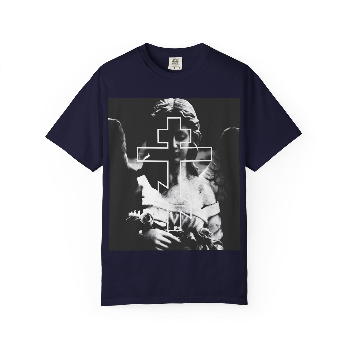True Navy heavyweight cotton tee featuring a grayscale goth "Cemetery Angel Orthodox Cross" graphic—a memento mori design inspired by holy angels and the reminder: Remember You Will Die. Unisex fit.