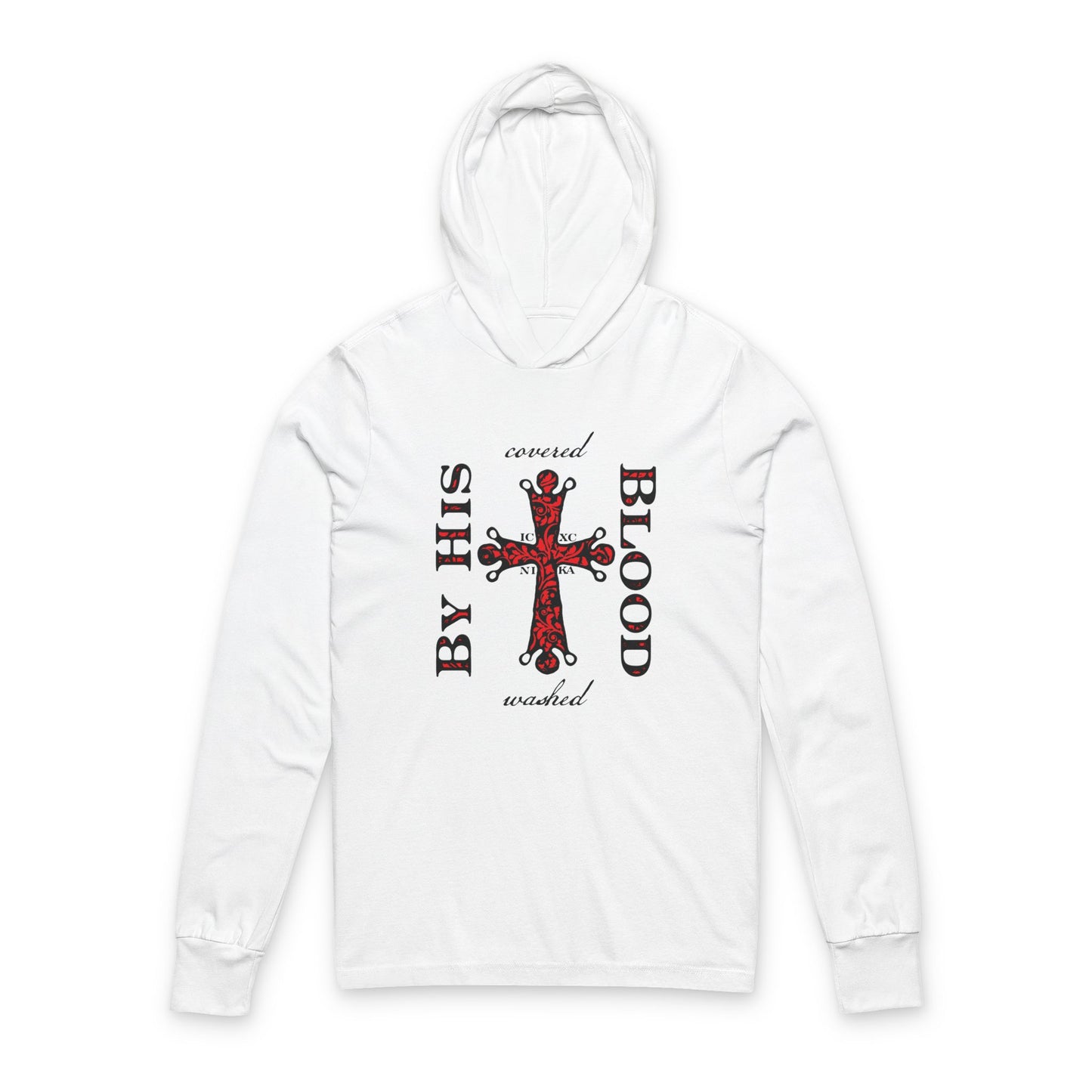 Washed/Covered By His Blood (1 John 1:7) | ICXC NIKA Ornate Red Orthodox Cross | Orthodox Long Sleeve Hooded Shirt
