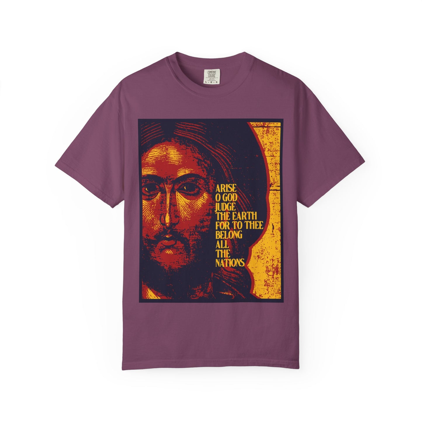 Berry-colored heavyweight cotton unisex T-shirt featuring a posterized Jesus Christ iconographic design and yellow text reading “Arise O God, judge the earth for...”. Inspired by Psalm 81, this bold Orthodox Christian shirt expresses faith and hope in the Kingdoms of our Lord.