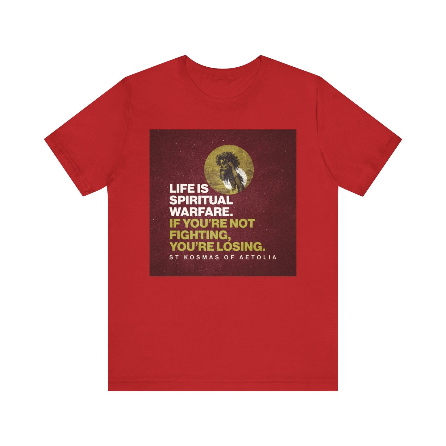 Red "Life is Spiritual Warfare. If You're Not Fighting, You're Losing" Orthodox Christian lightweight cotton unisex tee, featuring a David Slaying Goliath illustration, inspired by Psalm 151 and St. Kosmas of Aetolia.