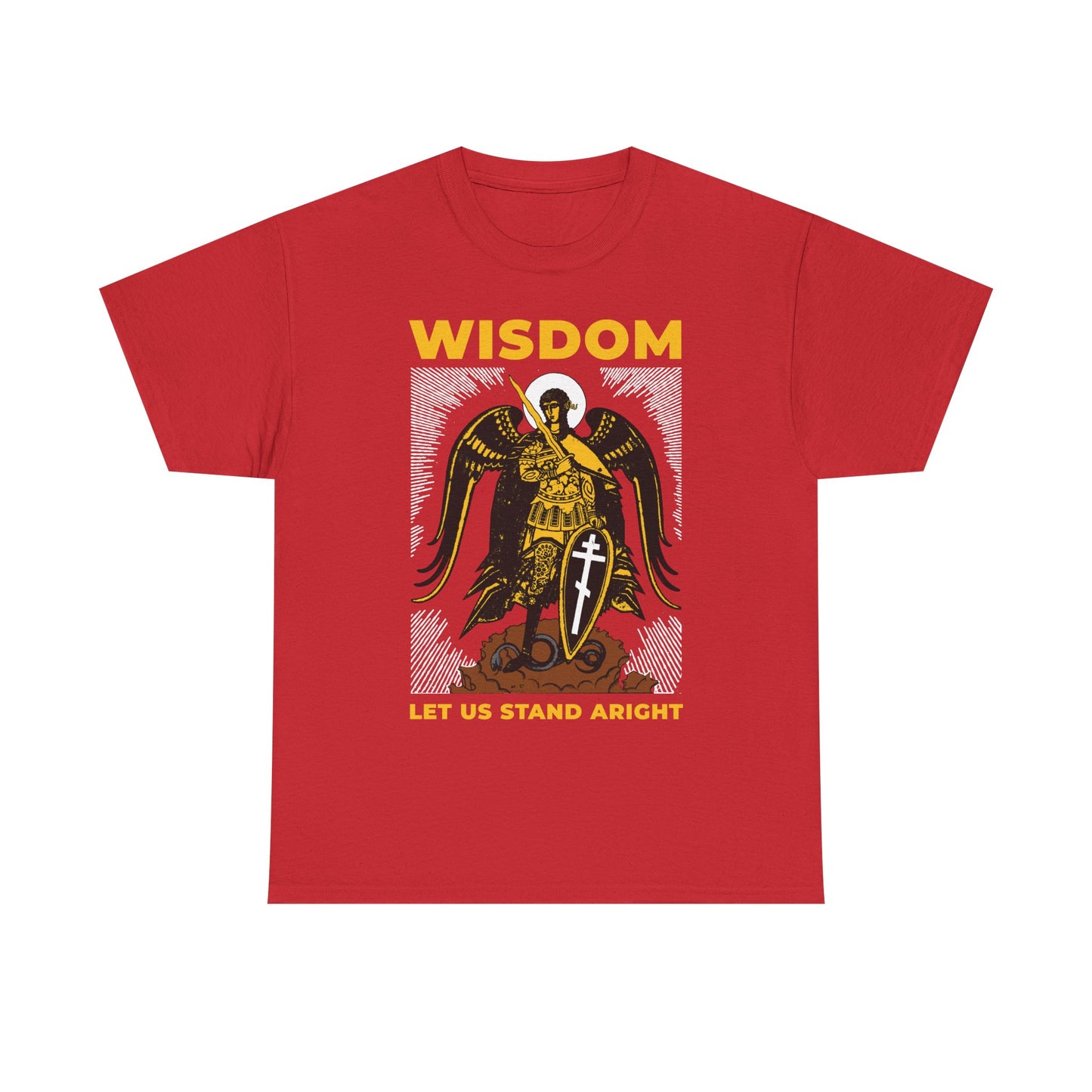 Red midweight cotton unisex tee featuring a Russian illustration of Archangel Michael the Warrior with shield and sword, inspired by Revelation 12. The yellow text reads WISDOM and LET US STAND ARIGHT.