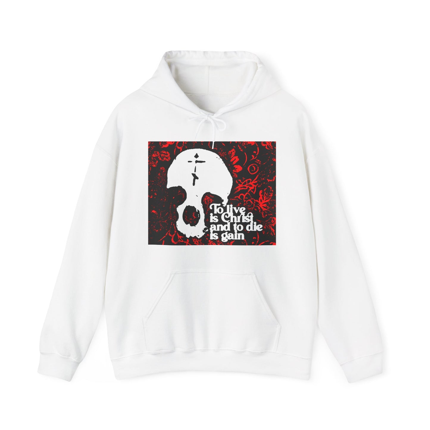 To Live is Christ To Die is Gain (Phil 1:21) | Skull with Cross on Red Floral Texture | Orthodox Christian Hoodie / Hooded Sweatshirt