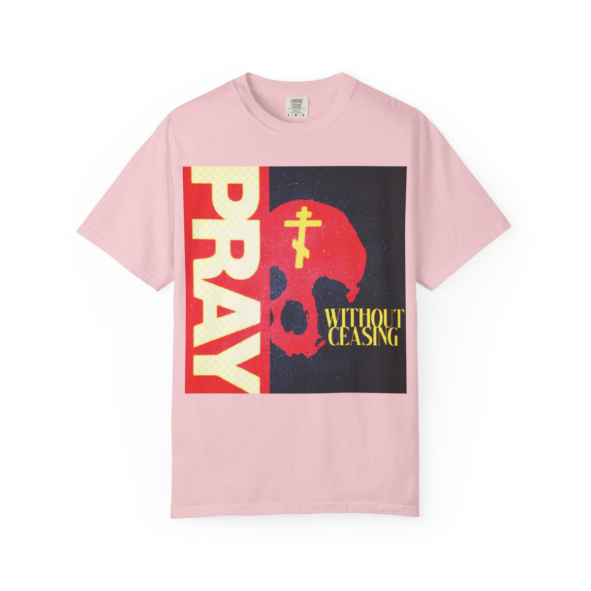 Blossom-colored "Pray Without Ceasing (1 Thess 5:16)" heavyweight cotton unisex t-shirt, featuring a striking red skull graphic with a yellow Orthodox cross and the words "PRAY" and "WITHOUT CEASING"—a bold statement of Christian faith.