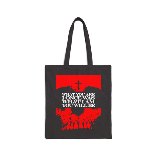 Black tote bag featuring a red skull and the phrase "What You Are, I Once Was. What I Am, You Will Be"—a Memento Mori Orthodox Christian reminder of mortality and life's impermanence.