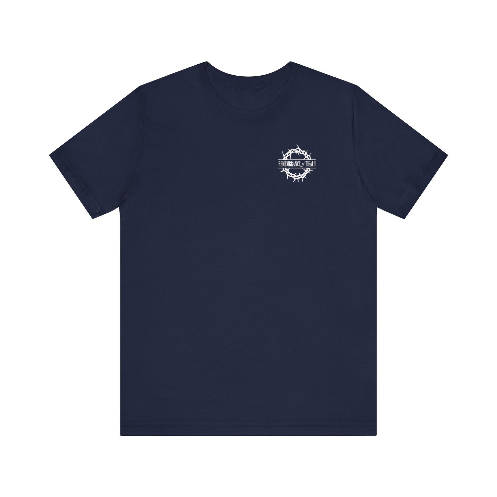 Navy blue t-shirt with branded front text "Dead to this World" and a small white graphic, featuring a flower cross & skull in 70s typography, inspired by Orthodox Christianity. Two-sided Christian Goth design.