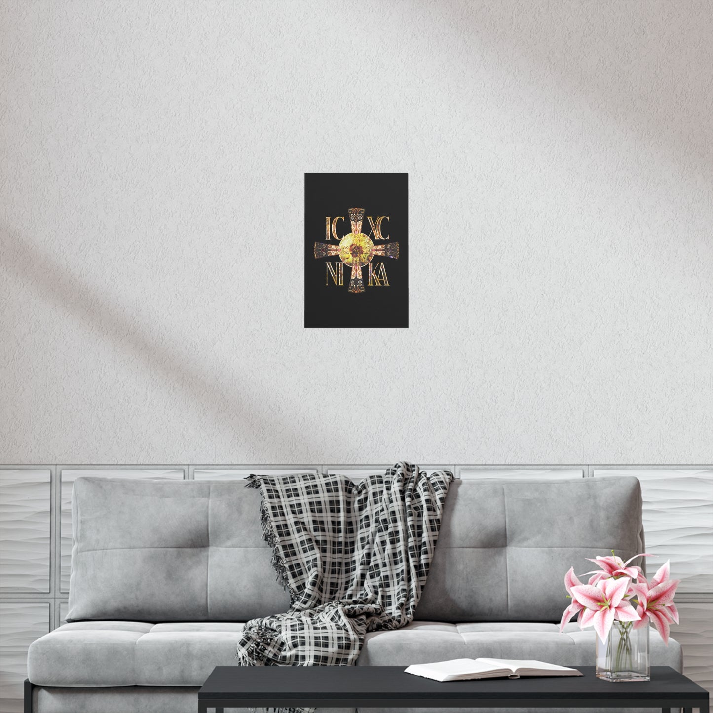 ICXC NIKA Celtic Style Equal Armed Cross | Bright Solar Texture | Orthodox Christian Art Poster