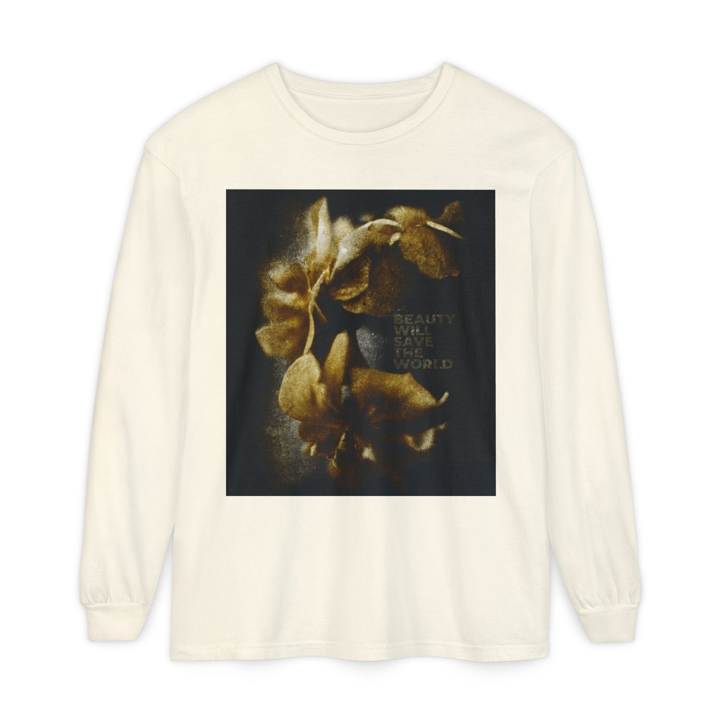 Ivory long-sleeve shirt featuring "Beauty Will Save the World" and a photographic artwork honoring Jesus Christ—a stylish Christian piece inspired by Dostoevsky for those who value beauty and faith.