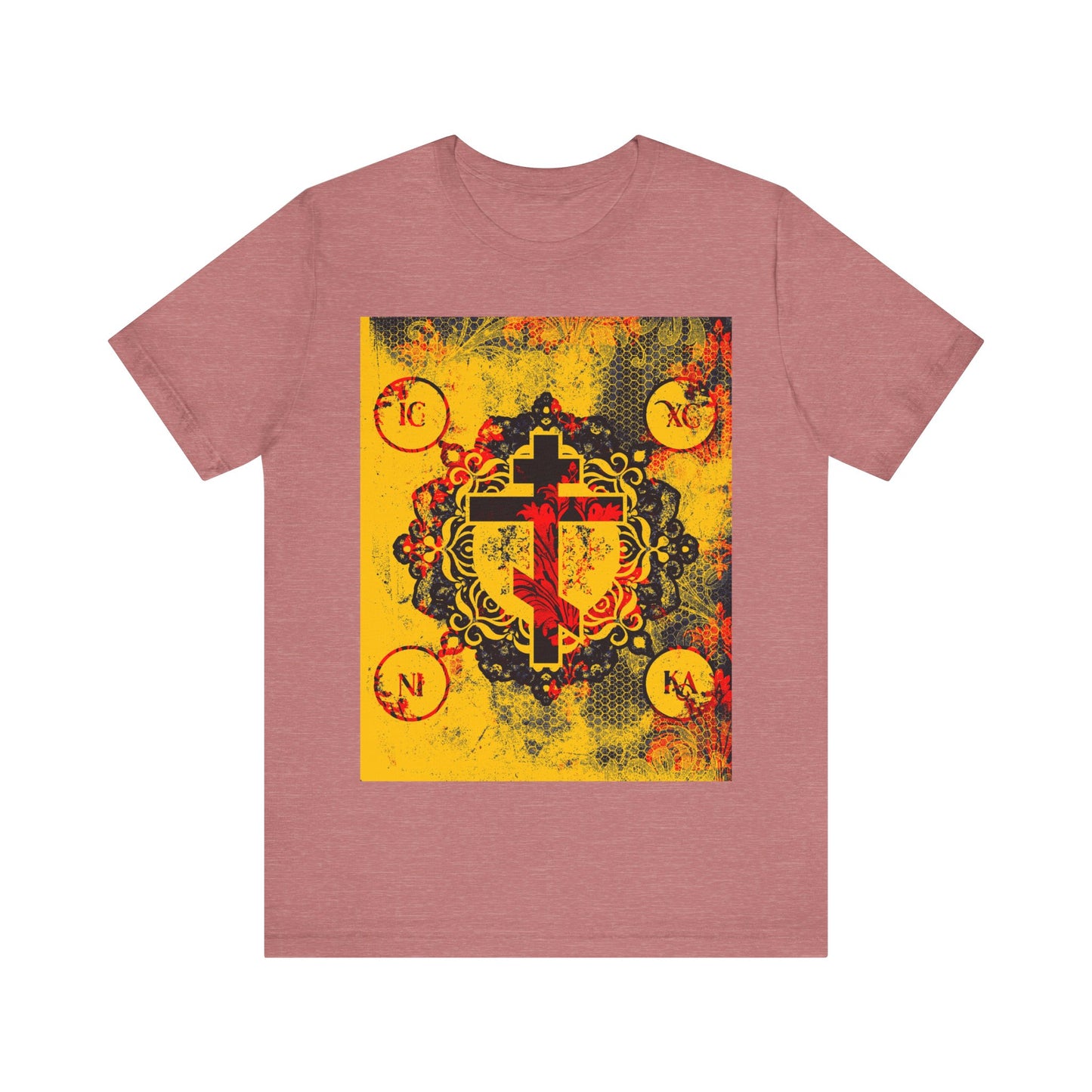 Heather mauve IC XC NIKA Orthodox Cross T-shirt with a yellow and red modern-meets-medieval floral cross, framed by four lettered circles—symbolizing the mystery and sacrifice of Christ.