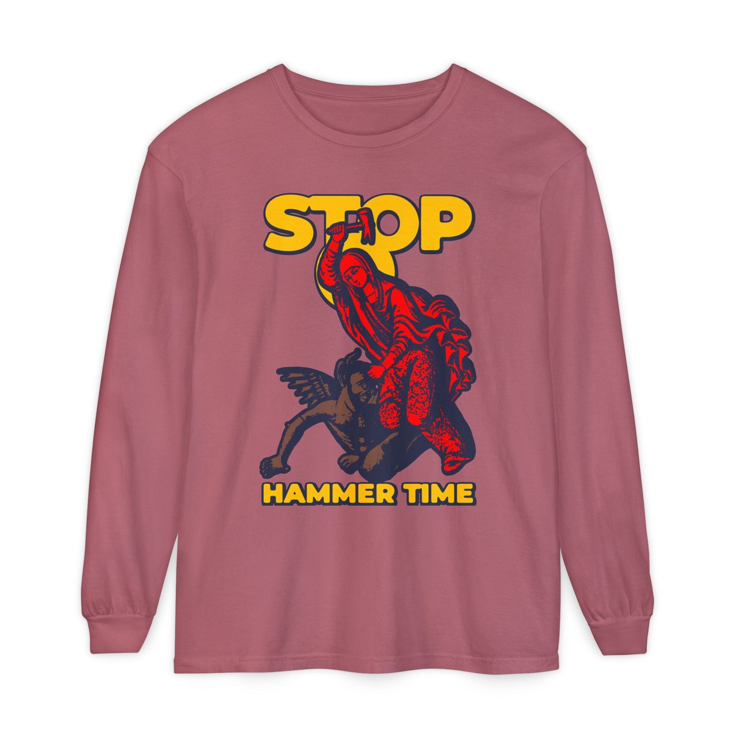 Red, blue, and yellow long-sleeve shirt featuring St Marina of Antioch beating the devil with a hammer and "Stop, Hammer Time" – a modern Orthodox meme-style Christian graphic.