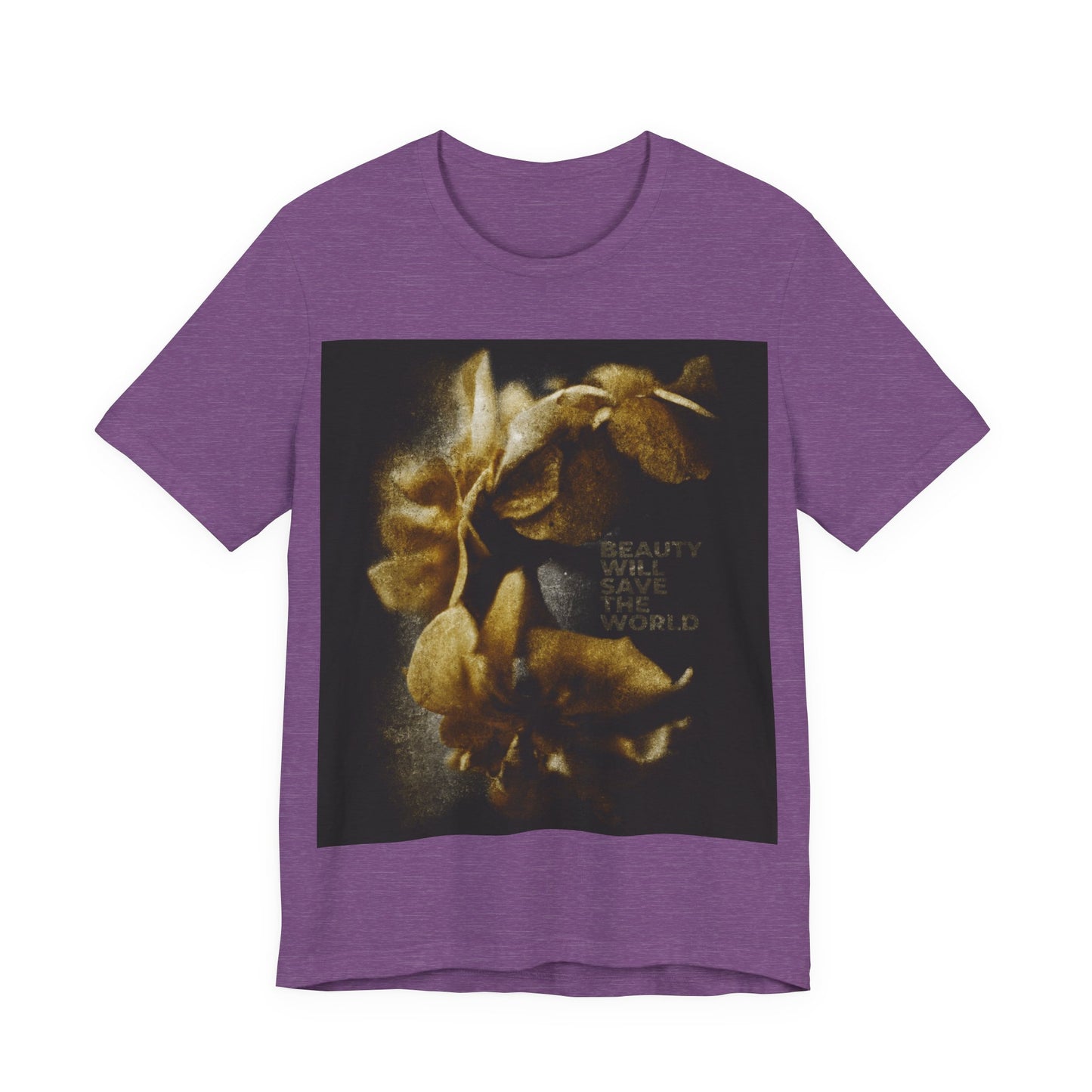 Heather Team Purple Orthodox Christian t-shirt featuring gold floral artwork, the phrase “BEAUTY WILL SAVE THE WORLD,” and a design honoring Jesus Christ, referencing Dostoevsky and celebrating creation.