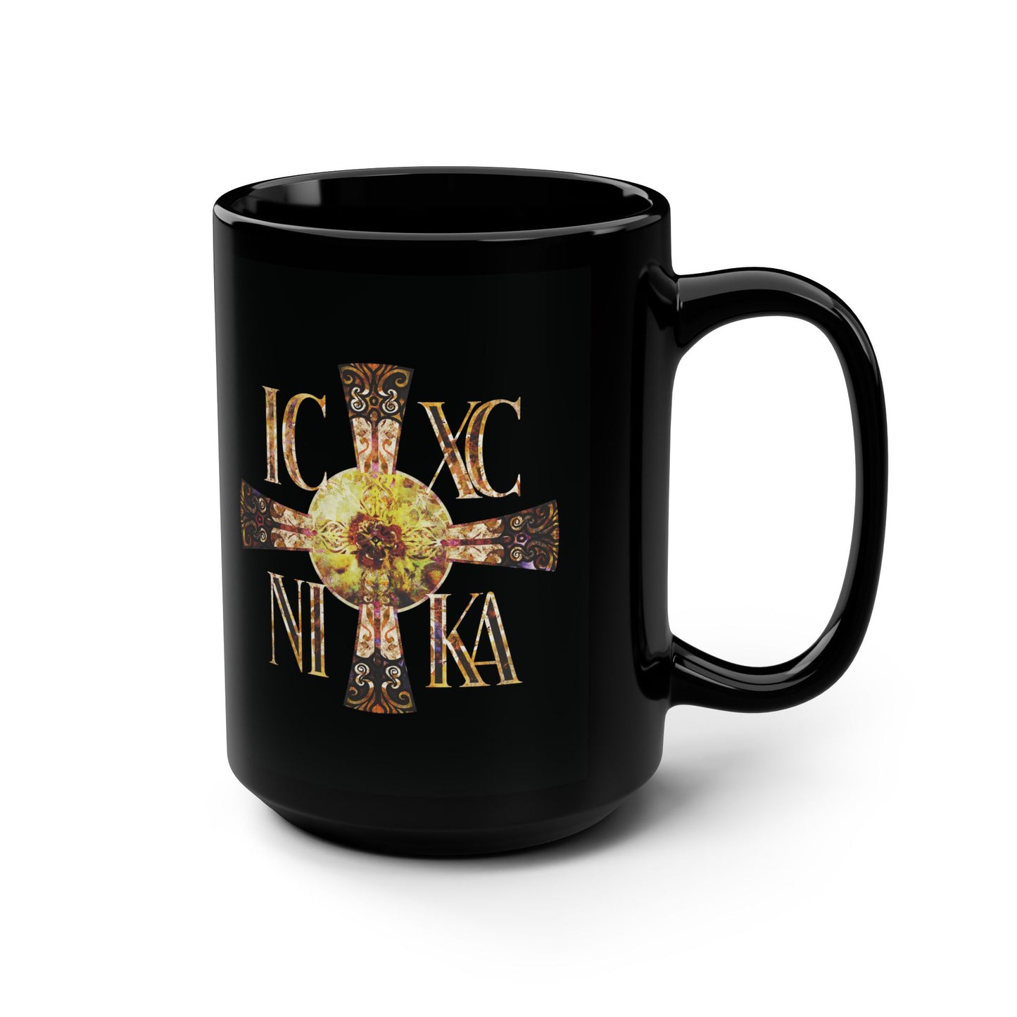 ICXC NIKA Celtic Style Equal Armed Cross | Bright Solar Texture | Orthodox Christian Black Mug