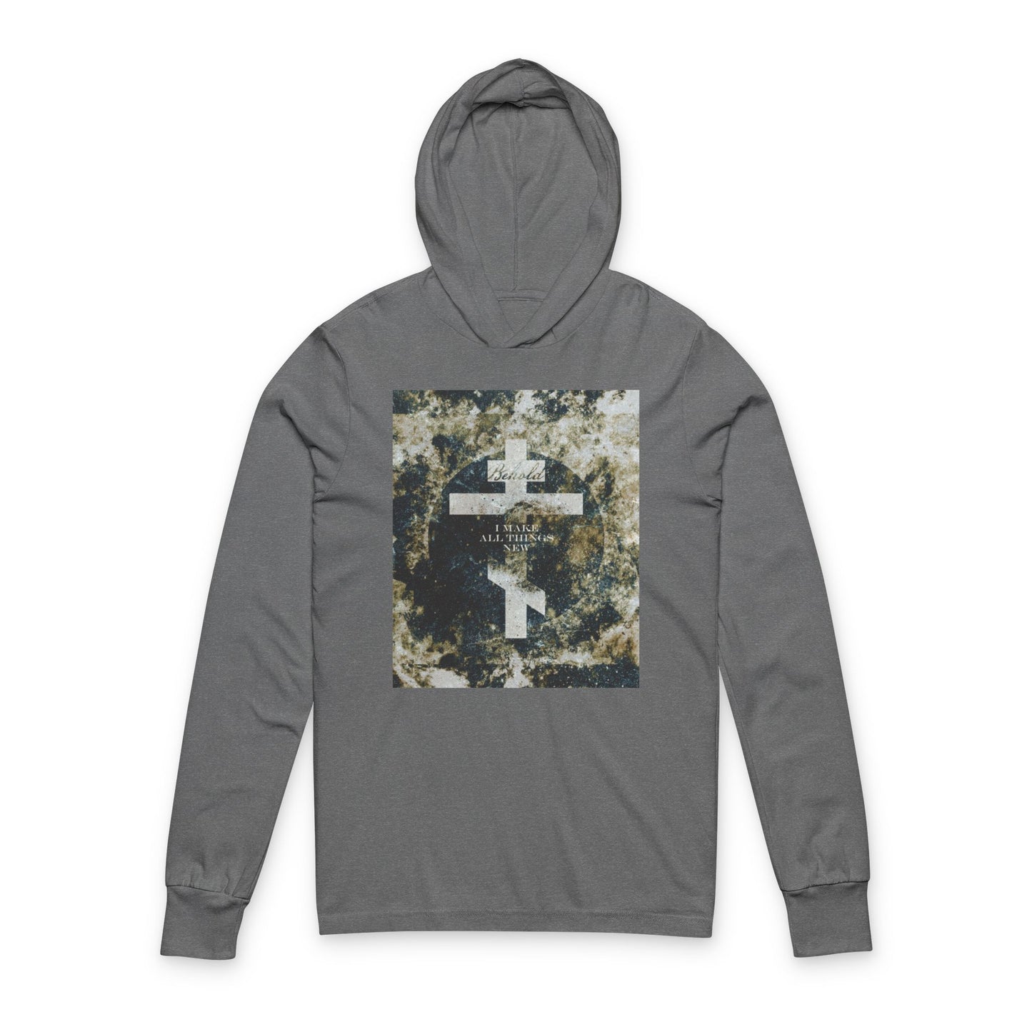 Behold, I Make All Things New | Revelation 21:5 | Cosmic Textured Orthodox Cross | Parousia | Orthodox Long Sleeve Hooded Shirt