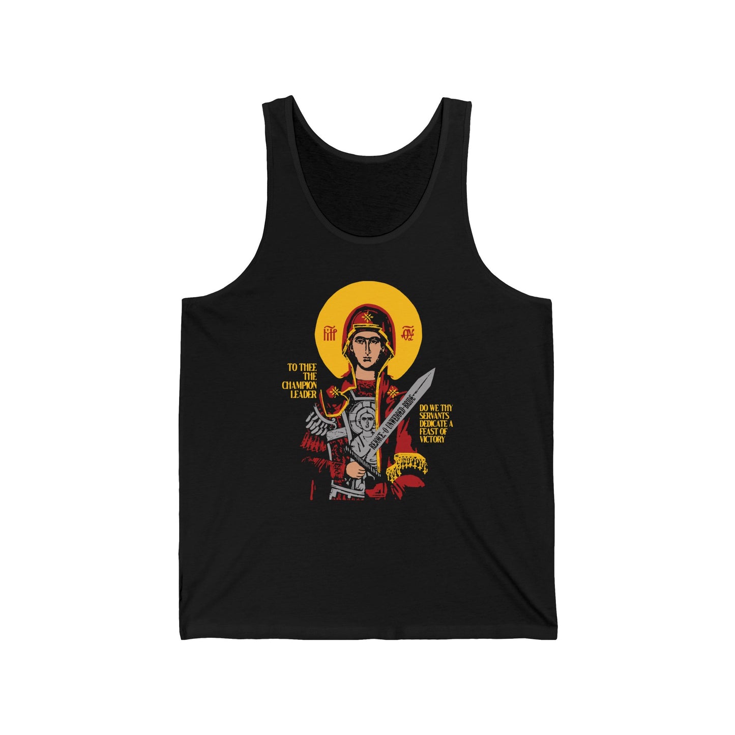 To Thee the Champion Leader | Mother of God | Theotokos with Sword IconoGraphic | Orthodox Christian Jersey Tank Top / Sleeveless Shirt