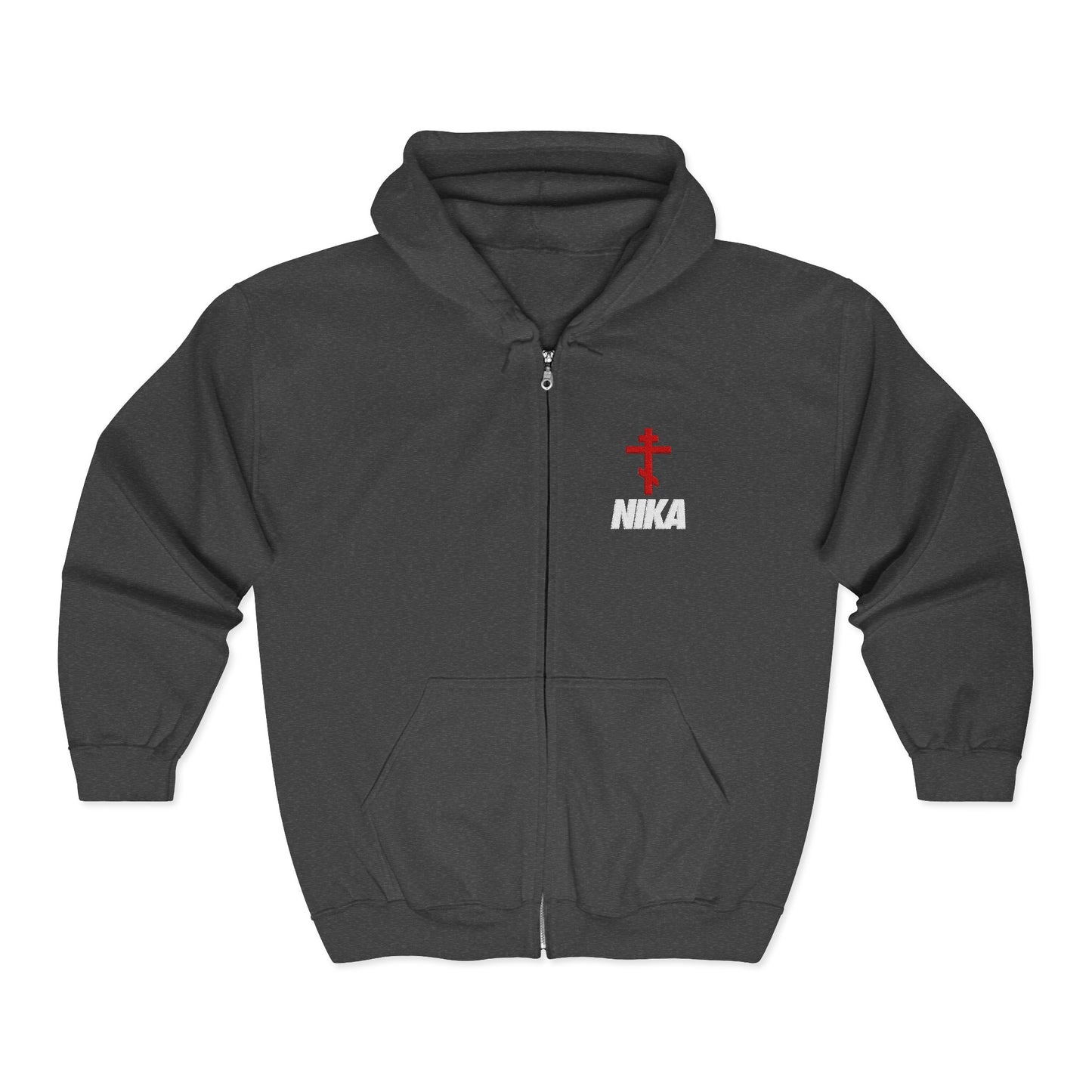 Embroidered NIKA Red Orthodox Cross | NIKE Logo Mashup | Christian Full-Zip Hoodie