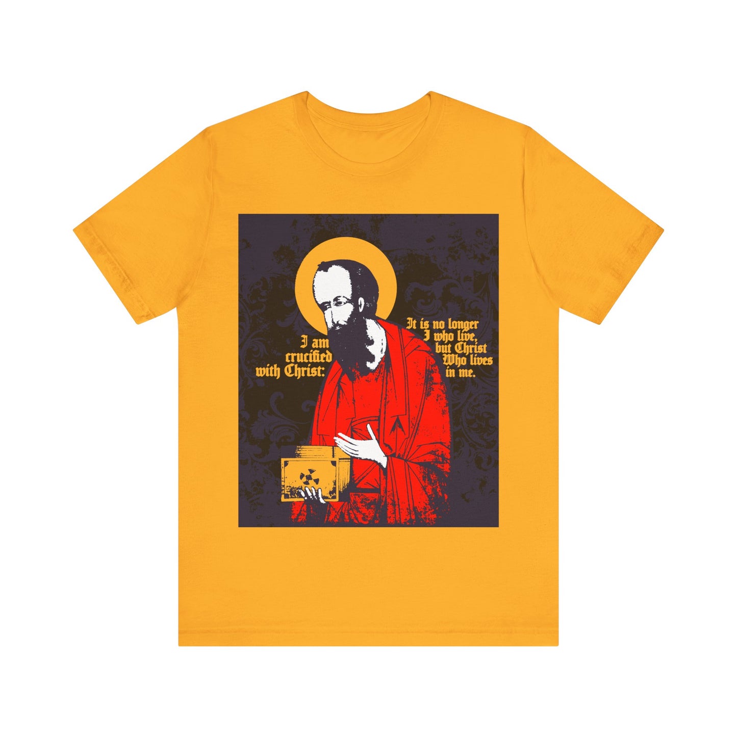 Gold Orthodox Christian T-shirt featuring an iconographic image of St Paul holding the Gospel and the phrase "I am crucified with Christ" (Galatians 2:20) in white and yellow.