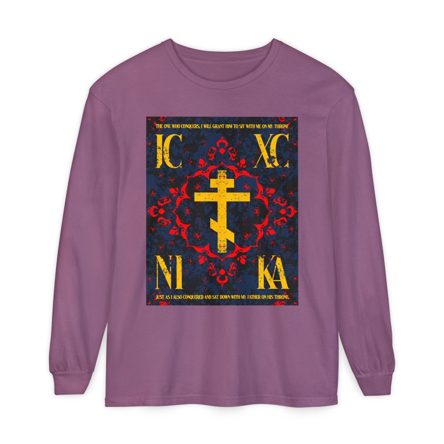 IC XC NIKA Orthodox Cross | Medieval Floral Design | The One Who Conquers (Revelation 3:21) | Orthodox Christian Long Sleeve Shirt