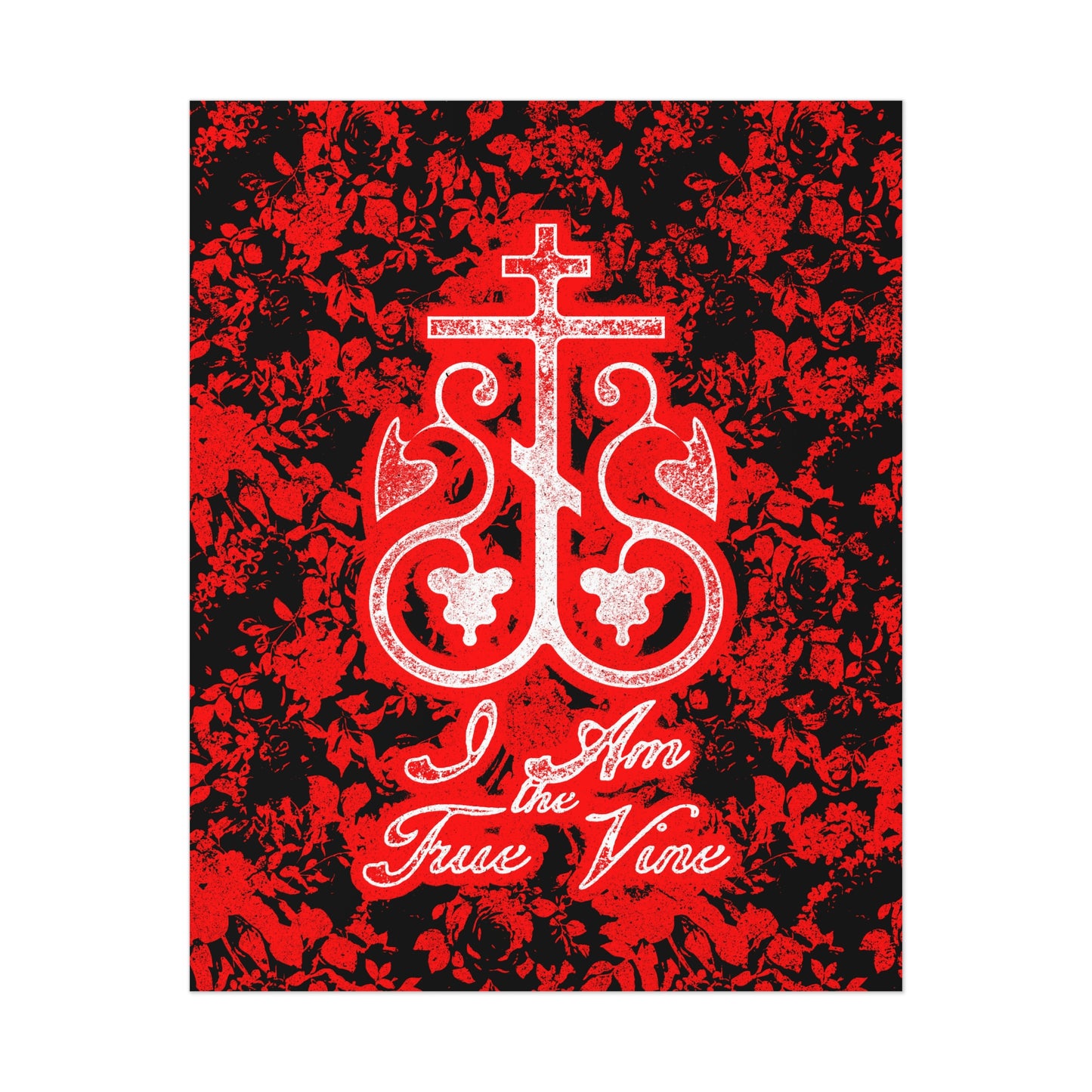 I Am the True Vine (John 15:1) | Orthodox Cross Vine Monogram | Red and Black Floral Design | Orthodox Christian Art Poster