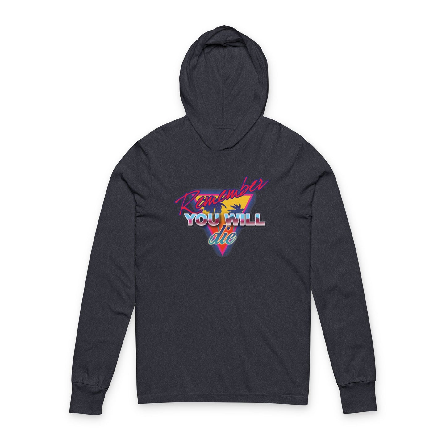 Heather navy hoodie with 80s retro synthwave palm tree and “Remember You Will Die” text, inspired by memento mori in The Ladder of Divine Ascent. Nostalgic Orthodox cotton shirt.