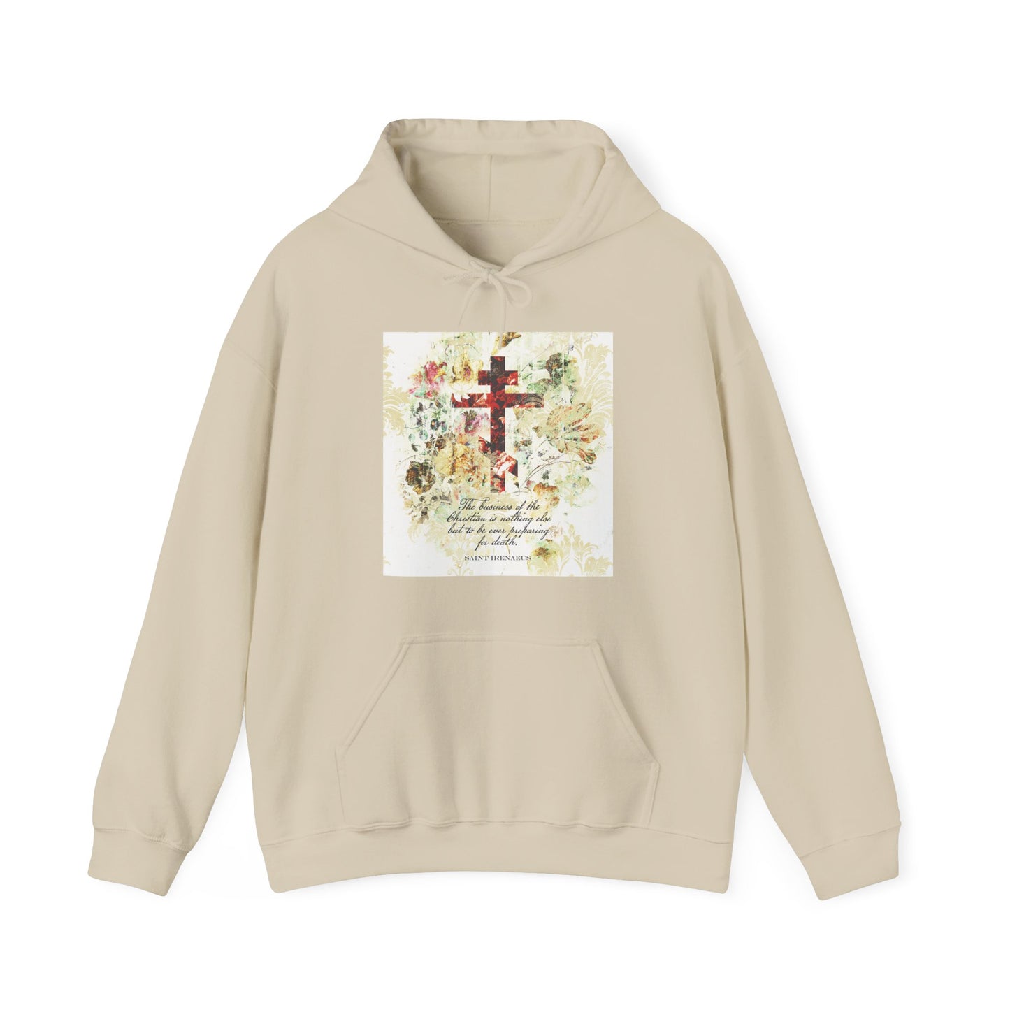 Preparing For Death | White & Beige Floral Scrapbook Texture Cross | Arts & Crafts Style | St Irenaeus | Orthodox Christian Hoodie