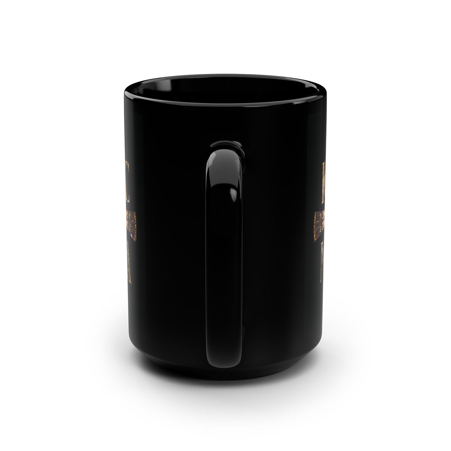 ICXC NIKA Celtic Style Equal Armed Cross | Bright Solar Texture | Orthodox Christian Black Mug