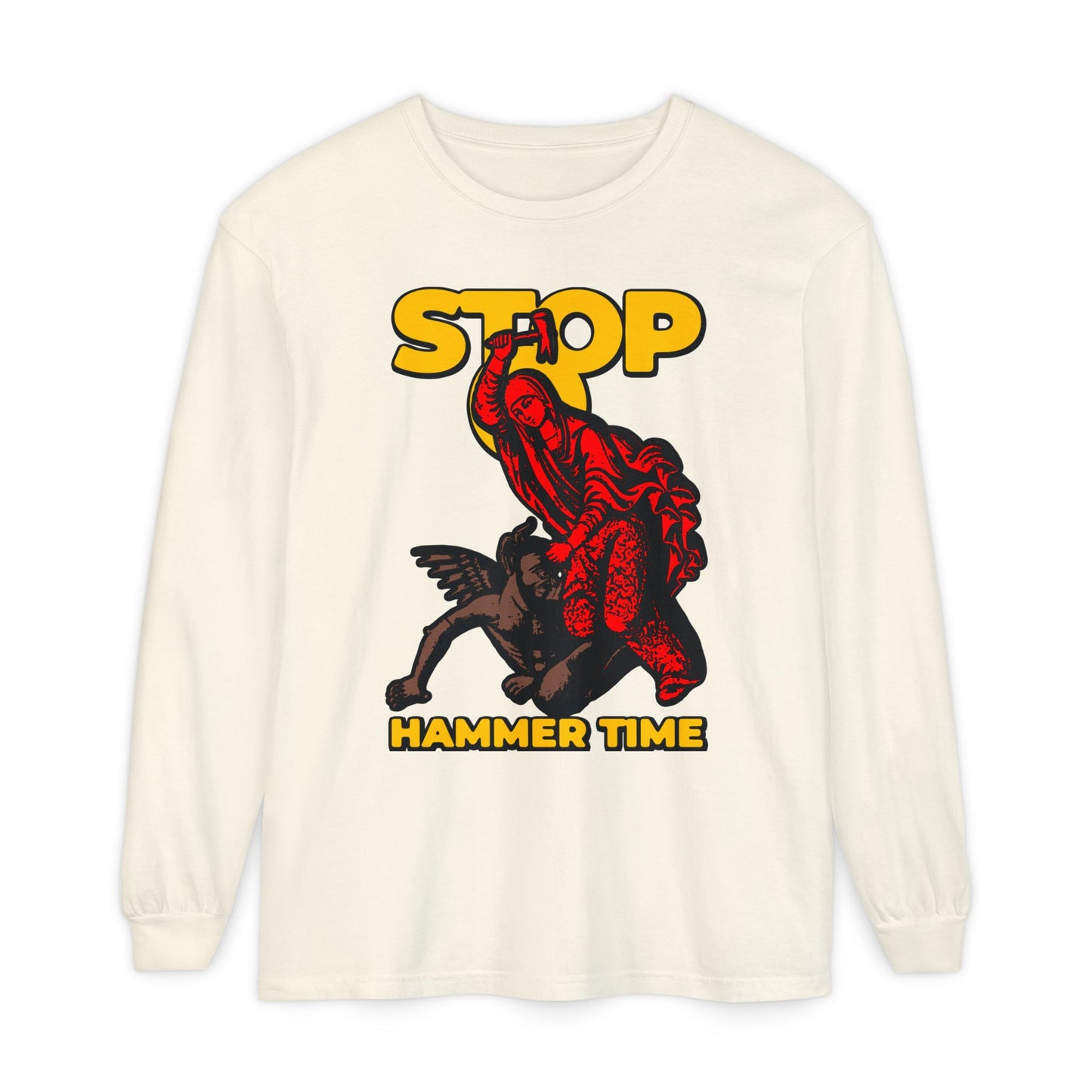 This white long-sleeve shirt, “St Marina of Antioch Beating the Devil with a Hammer,” features a bold red, blue, and yellow design—a modern Orthodox meme with “STOP, HAMMER TIME” sure to stand out.
