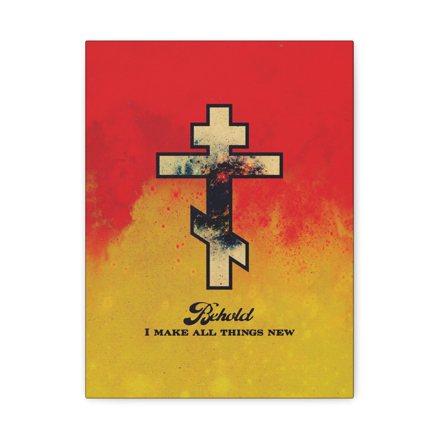 Behold, I Make All Things New (Revelation 21:5) | Cosmic Orthodox Cross on Red and Yellow Background | Orthodox Christian Canvas Art