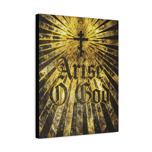 The "Arise O God | Psalm 81 (82 LXX)" wall art features a black Orthodox cross with golden rays and bold textured Gothic font, reflecting the Divine Council worldview in Orthodox Christian tradition.