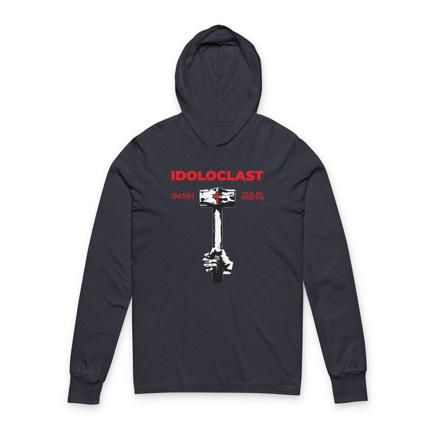 Heather navy hooded shirt featuring 'IDOLOCLAST' in bold red and a graphic of Jesus’ fist gripping a sledgehammer; a Christian asceticism symbol with ICXC NIKA—break free from your passions with this Orthodox design.