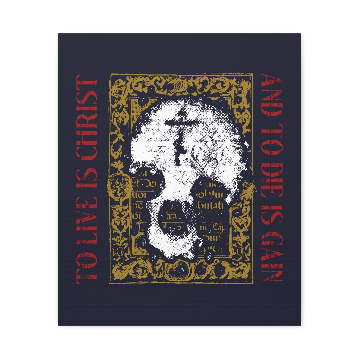 To Live is Christ, to Die is Gain (Philippians 1:21) | Skull with Cross on Gold Manuscript Texture | Orthodox Christian Canvas Art