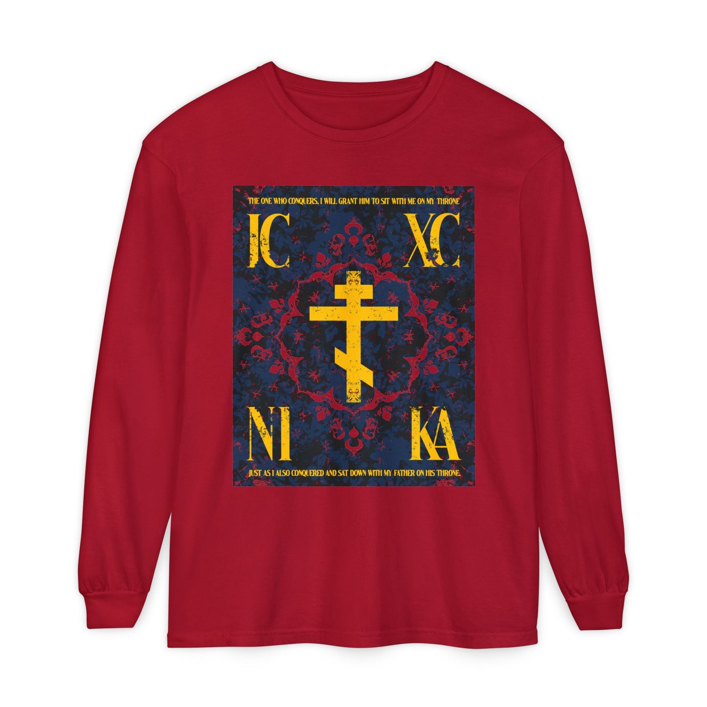 IC XC NIKA Orthodox Cross | Medieval Floral Design | The One Who Conquers (Revelation 3:21) | Orthodox Christian Long Sleeve Shirt