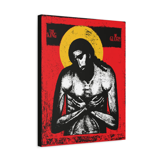 Red, yellow, white, and black icon titled "The King of Glory Jesus Christ 'Extreme Humility' IconoGraphic"—stylized devotional Christian wall art inspired by Isaiah 53.