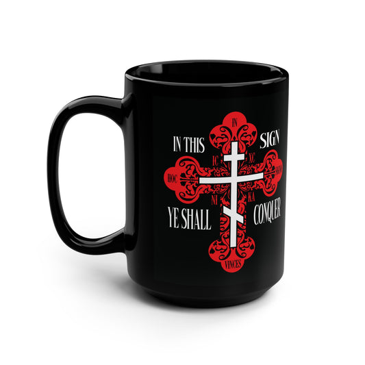Black mug with a red ornate Orthodox Cross and "In This Sign Ye Shall Conquer" design, featuring "ICXC NIKA" and "Jesus Christ Conquers." Inspired by the Holy Cross.