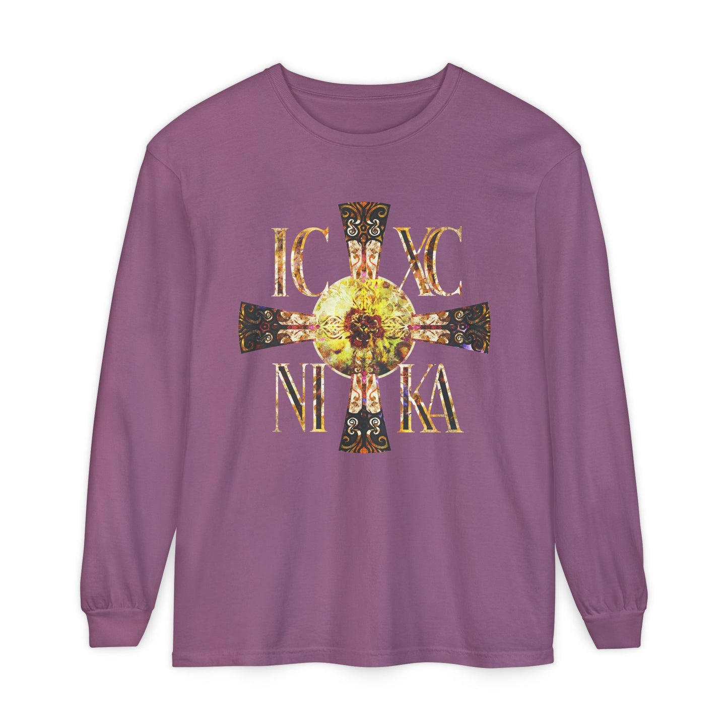 ICXC NIKA Celtic Style Equal Armed Cross | Bright Solar Texture | Orthodox Christian Long Sleeve Shirt