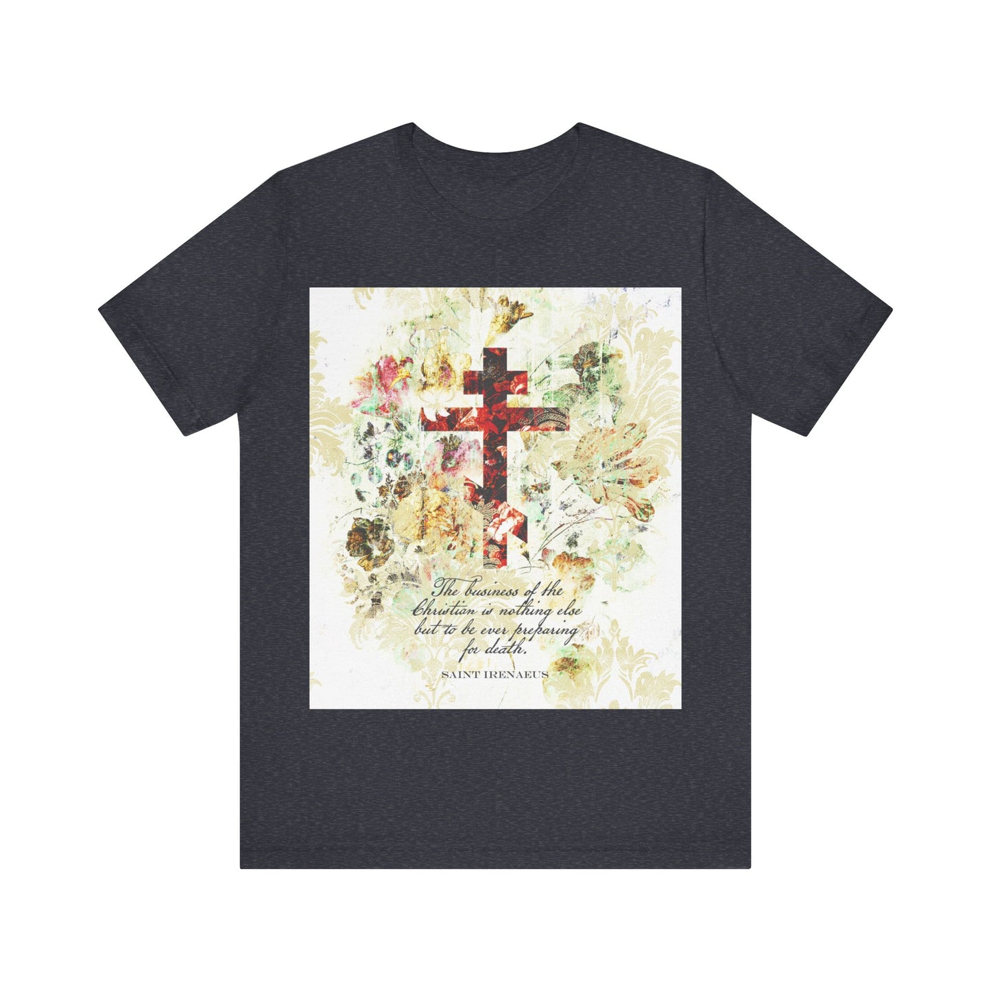 Heather Navy t-shirt with white and beige floral scrapbook-style cross, arts & crafts design, and inspiring St Irenaeus quote—ideal for fans of Orthodox Christian writings.