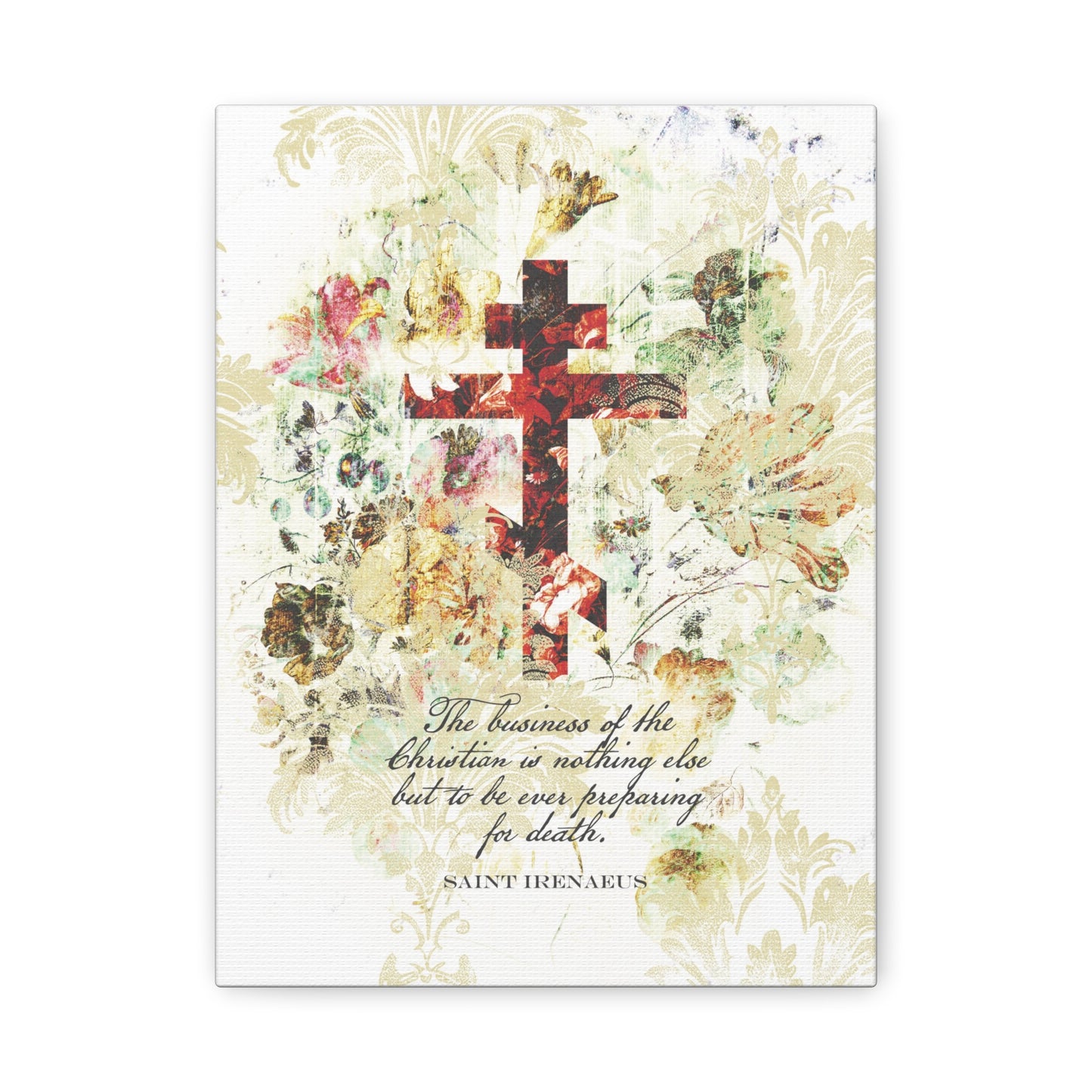 Preparing For Death | White & Beige Floral Scrapbook Texture Cross | Arts & Crafts Style | St Irenaeus | Orthodox Christian Canvas Art