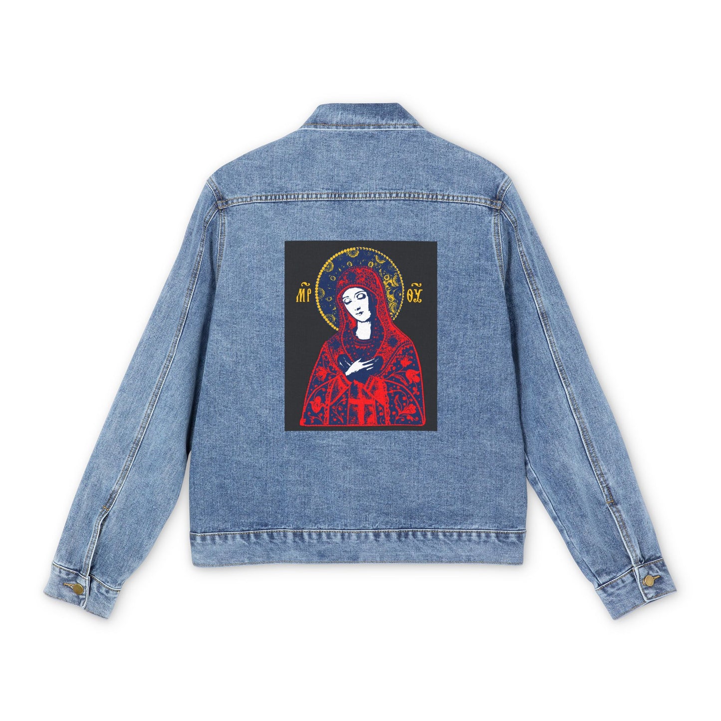 Joy of All Joys Tenderness Theotokos Iconographic Based on Traditional Orthodox Iconography | Red Design | Orthodox Christian Blue Denim Jacket